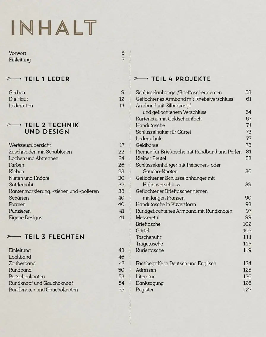 Buch Inhaltsverzeichnis zu Lederarbeiten, Projekte, Flechten und Techniken, klar strukturiert