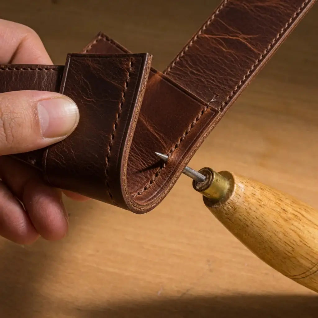 Lederwerkzeug bei der Verarbeitung von braunem Leder mit Präzisionsstich