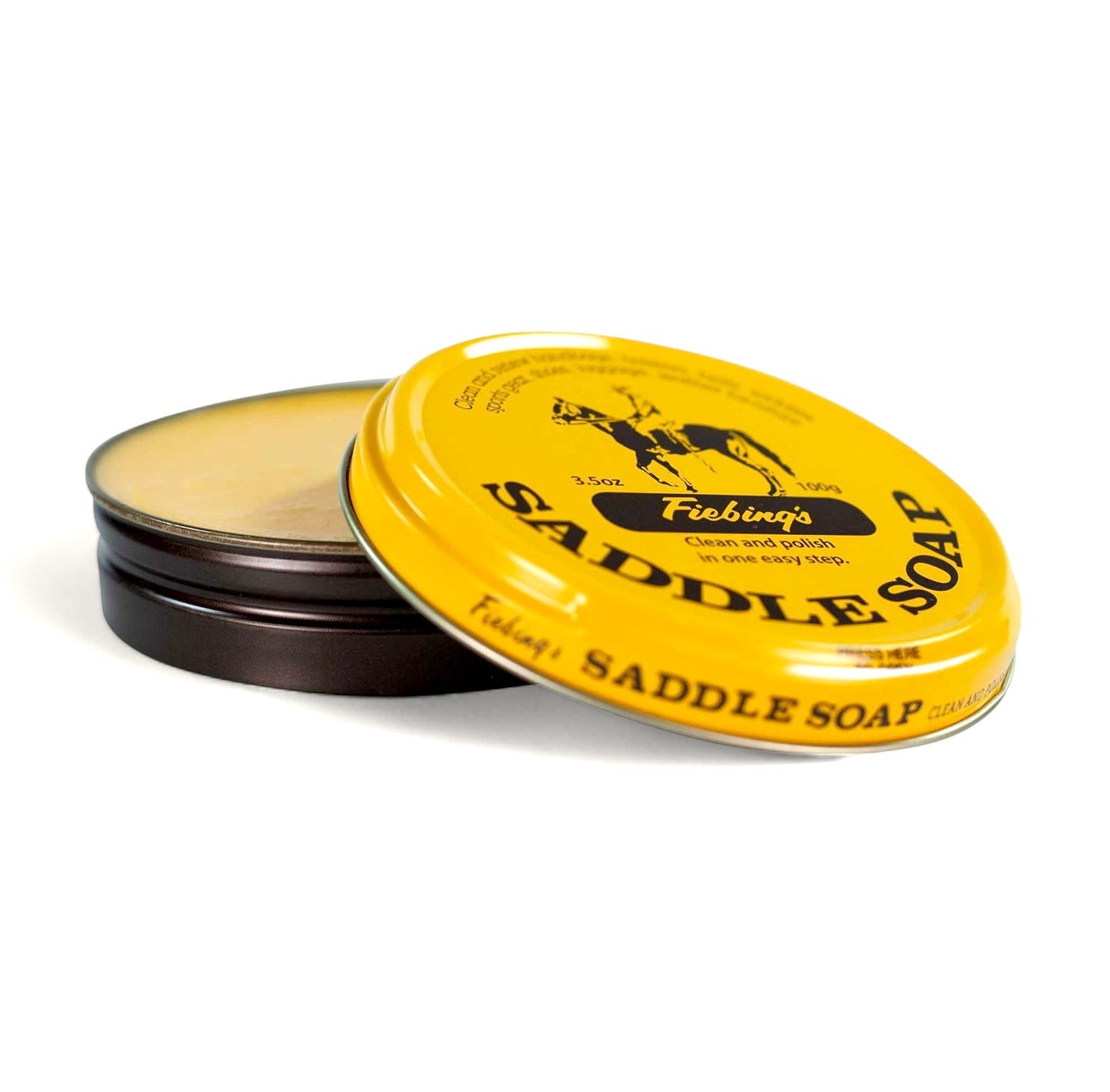 Offene Dose Fiebing's Saddle Soap Lederseife mit gelbem Deckel zur Lederreinigung und Pflege