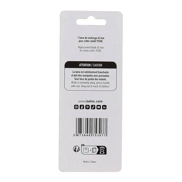 Bohin Ersatzklinge 45 mm Rückseite, Sicherheitshinweise, Barcode, für Leder und Bastelbedarf