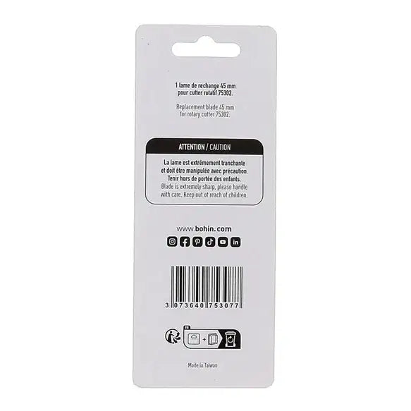 Bohin Ersatzklinge 45 mm Rückseite, Sicherheitshinweise, Barcode, für Leder und Bastelbedarf