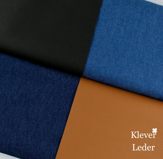 Materialkombination aus Kunstleder und Jeansstoff in Schwarz, Blau und Braun mit Klever Leder Logo – ideal für stilvolle Möbel, Mode und Accessoires.