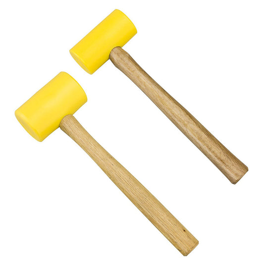 Zwei Gummihämmer mit gelbem Kopf und Holzgriff, ideal für Lederbearbeitung und Handwerk