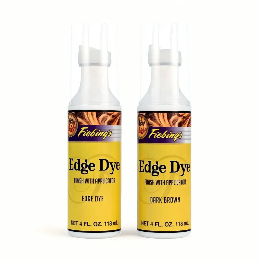 Zwei Flaschen Fiebing’s Edge Dye Lederkantenfarbe im Gelb-Braun-Design auf weißem Hintergrund.