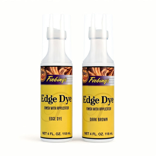 Zwei Flaschen Fiebing’s Edge Dye Lederkantenfarbe im Gelb-Braun-Design auf weißem Hintergrund.