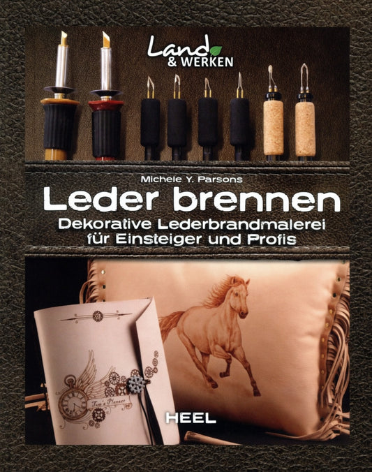 Buchcover über Leder brennen mit Pyrografie-Werkzeugen, gravierte Pferd-Motiv-Kissen und Uhr auf Leder.