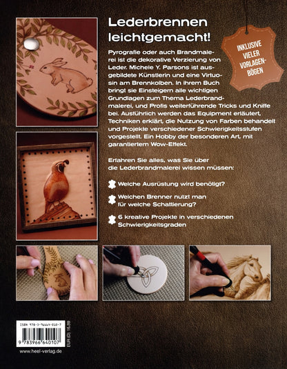 Rückseite eines Buches über Lederbrennen mit Bildern von Brandmalerei auf Leder, Text mit Tipps und Motiven wie Hase, Vogel, Pferd.