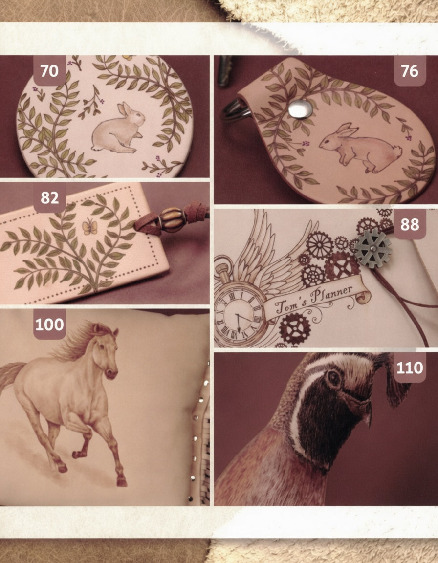 Lederaccessoires mit Tieren, Pflanzenmotiven und Steampunk-Uhr, handgearbeitet, Naturfarben
