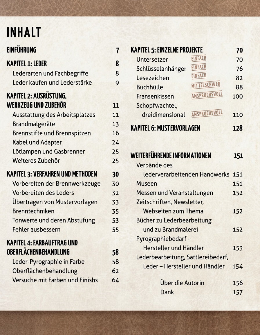 Inhaltsverzeichnis eines Buchs über Leder, Werkzeuge, Techniken und Lederbearbeitung.