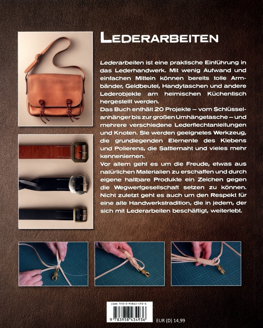 Rückseite eines Buches über Lederarbeiten mit Fotos von Ledertasche, Gürteln und Bastel-Anleitung.