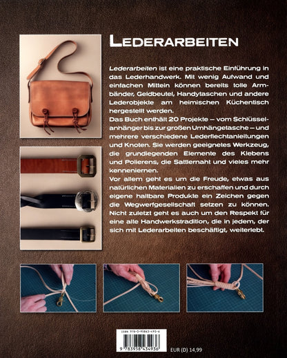 Rückseite eines Buches über Lederarbeiten mit Fotos von Ledertasche, Gürteln und Bastel-Anleitung.
