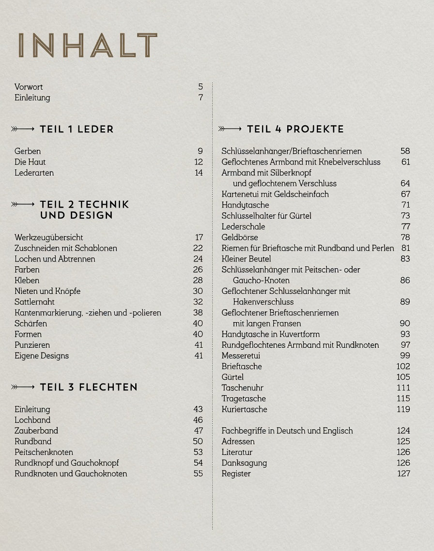 Buch Inhaltsverzeichnis zu Lederarbeiten, Projekte, Flechten und Techniken, klar strukturiert