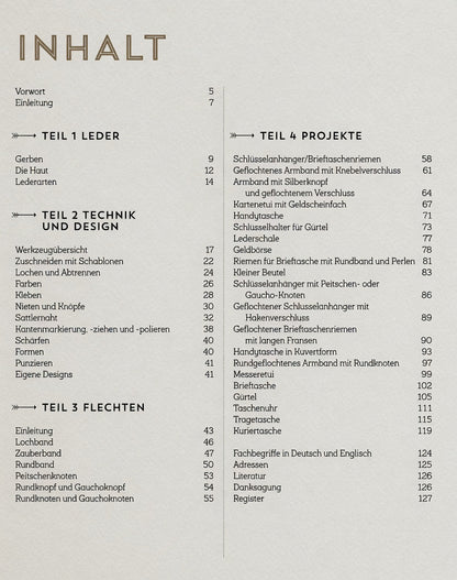 Buch Inhaltsverzeichnis zu Lederarbeiten, Projekte, Flechten und Techniken, klar strukturiert