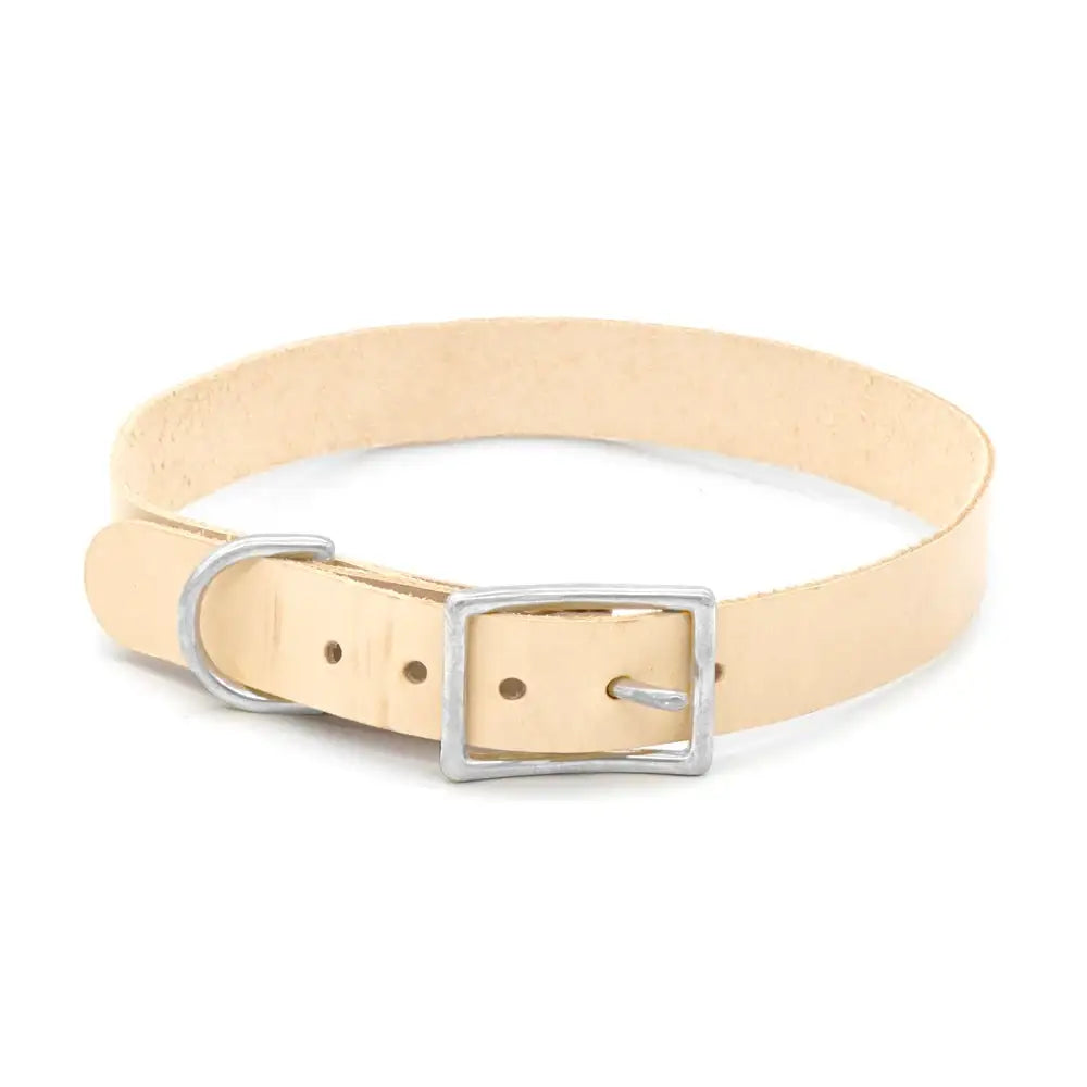Naturfarbenes Lederhalsband mit Metallschnalle und D-Ring auf weißem Hintergrund.
