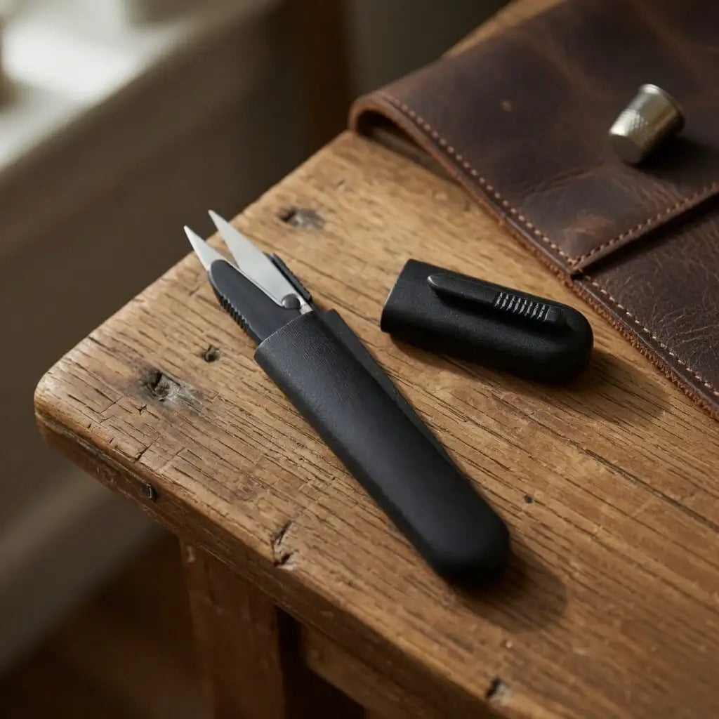 Lederwerkzeug Schere mit schwarzem Griff auf Holztisch, neben Ledertasche und Fingerhut
