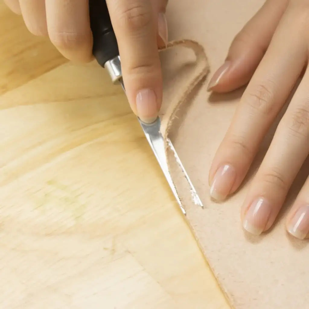 Hand schneidet Naturleder mit Werkzeug auf Holztisch, Lederbearbeitung, Handwerkszubehör