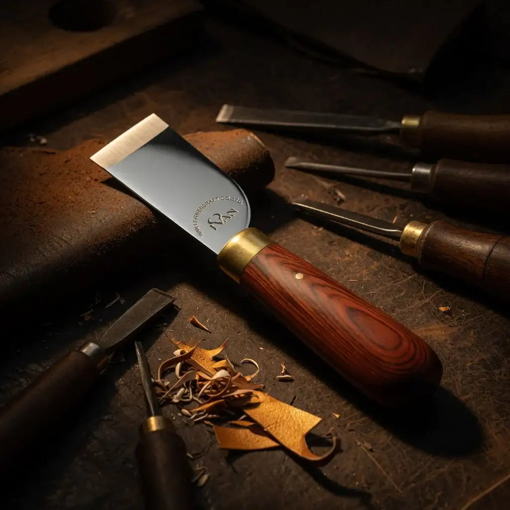 Lederwerkzeug Set mit Holzgriff, Lederreste und scharfe Handwerksmesser auf Werkbank