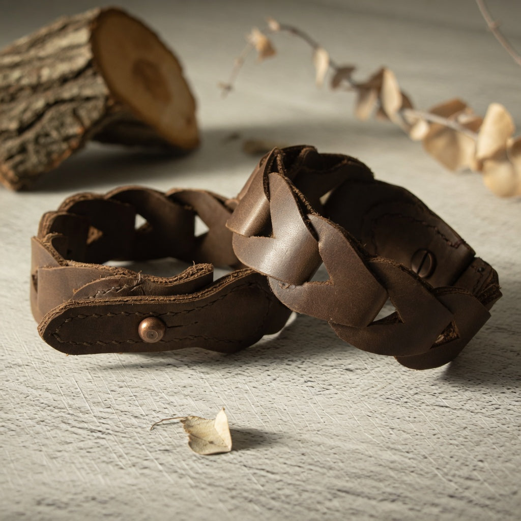 Geflochtenes Armband aus braunem Leder auf hellem Holzuntergrund, rustikaler Stil