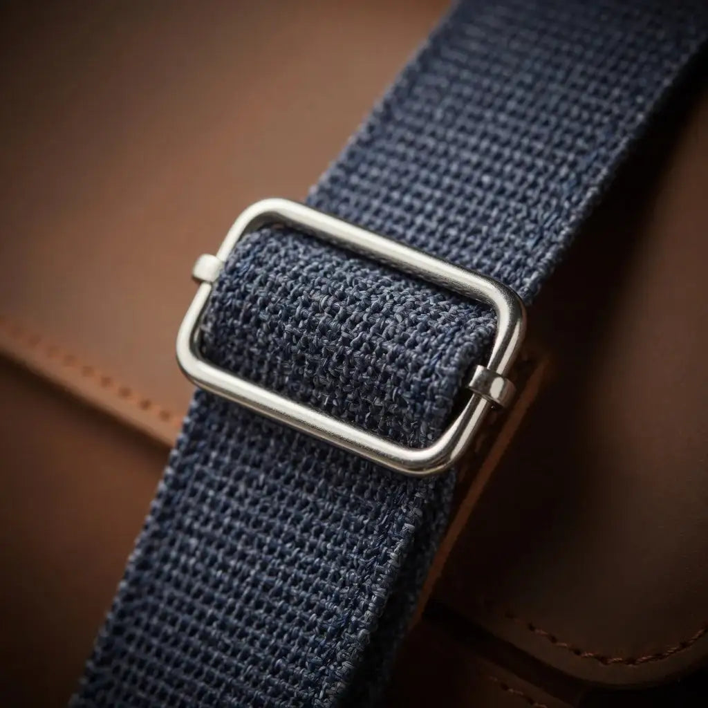 Nahaufnahme eines blauen Stoffgurts mit Metallschnalle auf brauner Ledertasche