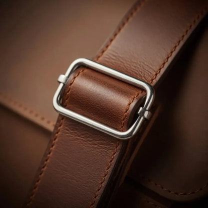 Detail einer braunen Ledertasche mit Metallschnalle, hochwertiges Leder, Nahaufnahme