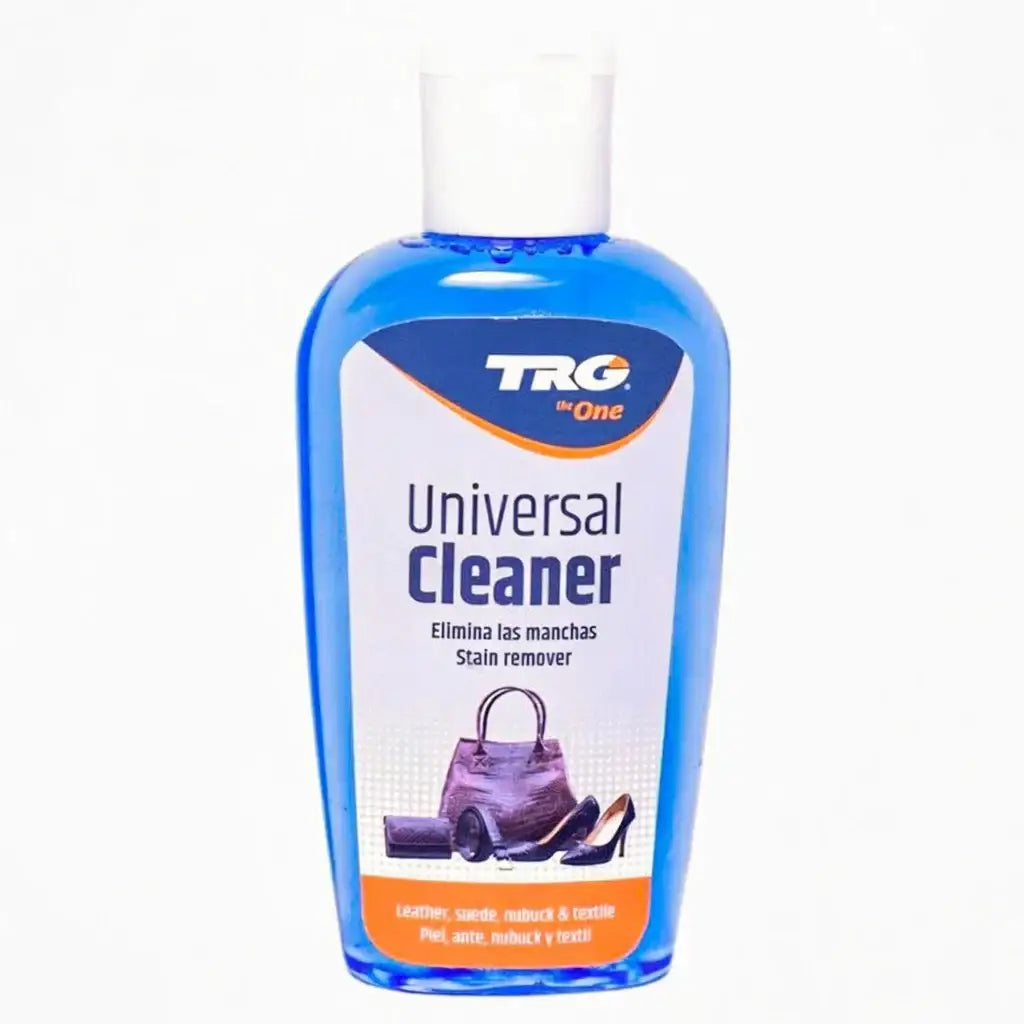 TRG Universal Cleaner für Leder, Wildleder und Textil in blauer Flasche, ideale Lederpflege