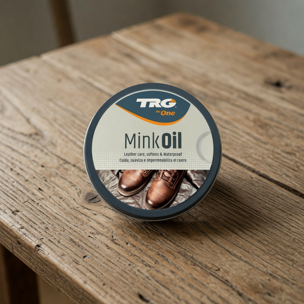 TRG The One Mink Oil Dose zur Lederpflege auf Holztisch, geeignet für Schuhe und Lederprodukte