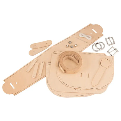 Leder DIY Taschen-Set mit naturfarbenen Lederteilen, Riemen, Schnallen, Nadeln und Zubehör