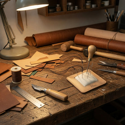 Lederhandwerk Arbeitsbereich mit Werkzeugen, Lederstücken und Nähzubehör auf Holztisch
