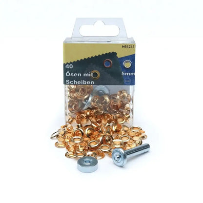 Set aus 40 goldfarbenen Ösen mit Scheiben, 5mm, für Lederhandwerk, in Kunststoffbox mit Werkzeug.