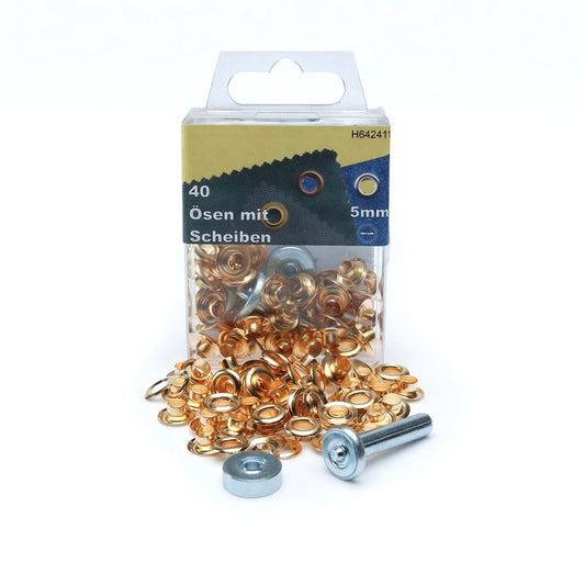 Set aus 40 goldfarbenen Ösen mit Scheiben, 5mm, für Lederhandwerk, in Kunststoffbox mit Werkzeug.