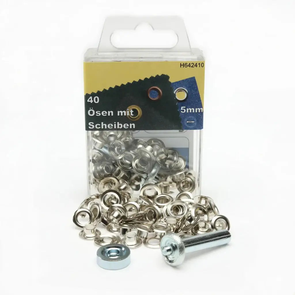 Set aus 40 silbernen Ösen mit Scheiben, 5mm, für Lederarbeiten, mit Werkzeug