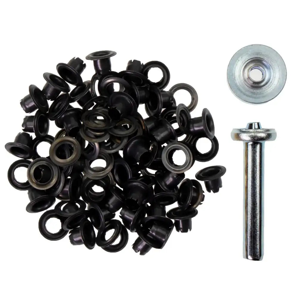 Set aus schwarzen Ösen und Werkzeug für Lederarbeiten, ideal zum Basteln und Nähen