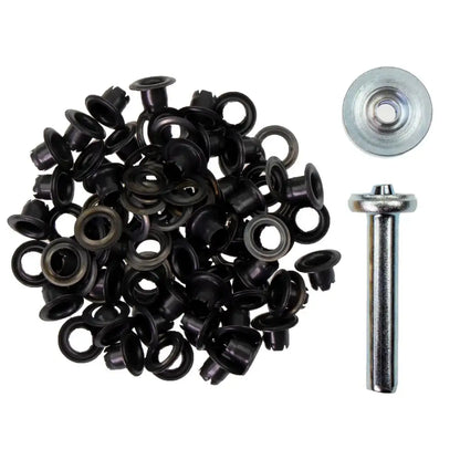 Set aus schwarzen Ösen und Werkzeug für Lederarbeiten, ideal zum Basteln und Nähen