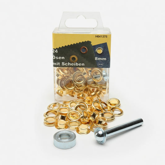 Goldene 8mm Ösen mit Scheiben und Werkzeug für Lederarbeiten, sortiert vor Verpackung