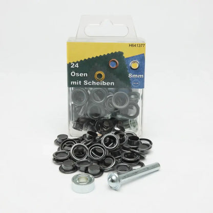 Schwarze 8mm Ösen mit Scheiben für Lederarbeiten, Packung mit Werkzeug auf weißem Hintergrund.