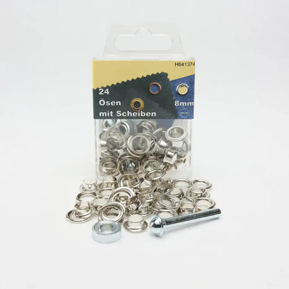 Paket mit 24 silbernen Ösen und Scheiben, 8mm, für Leder- und Bastelarbeiten