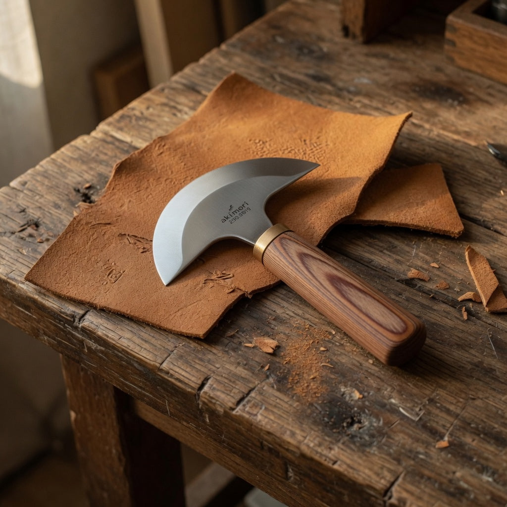 Lederwerkzeug mit Holzgriff auf braunem Leder auf rustikalem Holztisch
