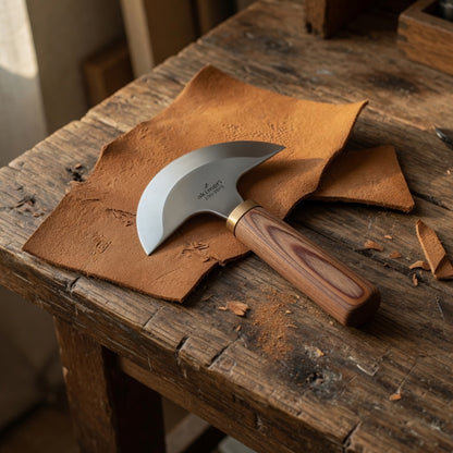 Lederwerkzeug mit Holzgriff auf braunem Leder auf rustikalem Holztisch