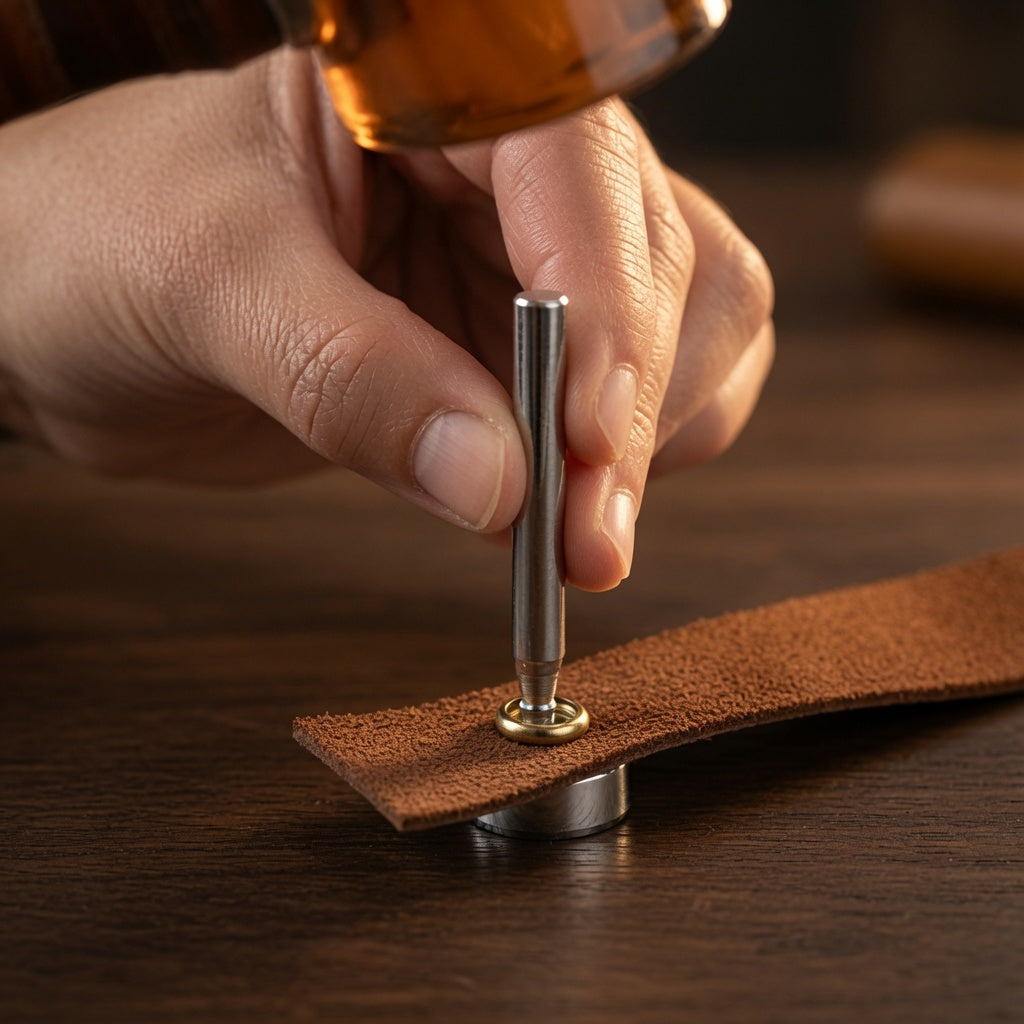 Lederwerkzeug: Metallstempel setzt Messingöse in braunes Leder – ideal für Bastler & Handwerker
