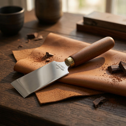 Flaches Ledermesser mit Holzgriff auf braunem Leder – ideal für Handwerker & Bastler
