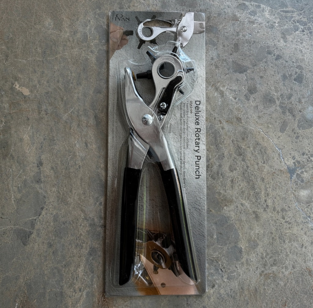 Deluxe Rotary Punch Werkzeug für Lederprojekte mit schwarzen Griffen und Metallzange