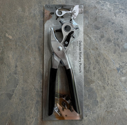 Deluxe Rotary Punch Werkzeug für Lederprojekte mit schwarzen Griffen und Metallzange