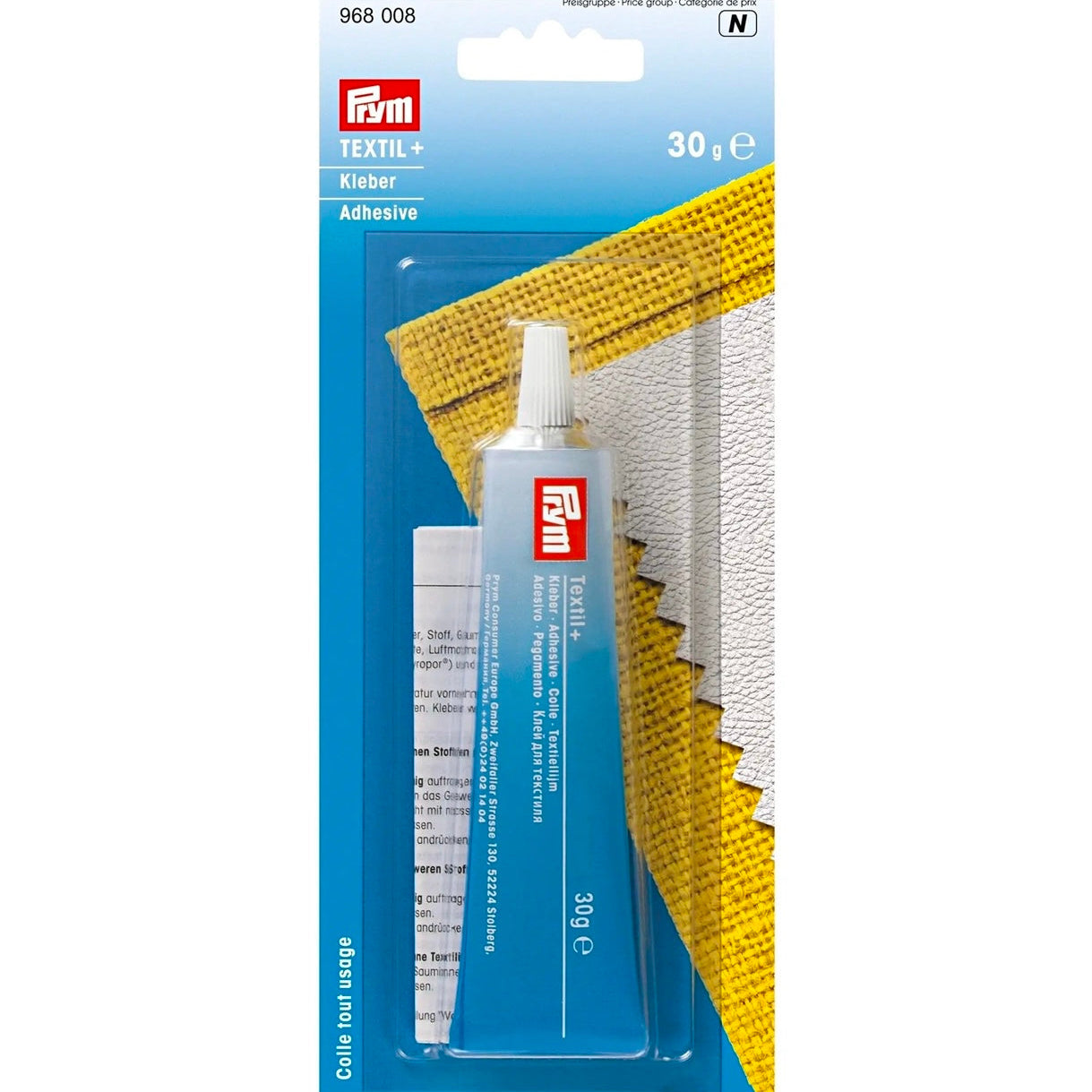 Prym Textilkleber Textil+ (30 g) – Universeller Kleber für Stoffe, Kunstleder, Leder, Gummi, Holz, Metall und PVC. Verpackt in einer Tube auf Karte.