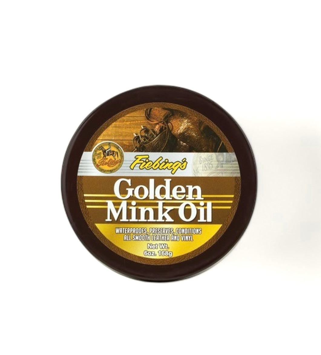 Fiebing's Golden Mink Oil Lederpflege für Glattleder in brauner Dose, Produktfoto