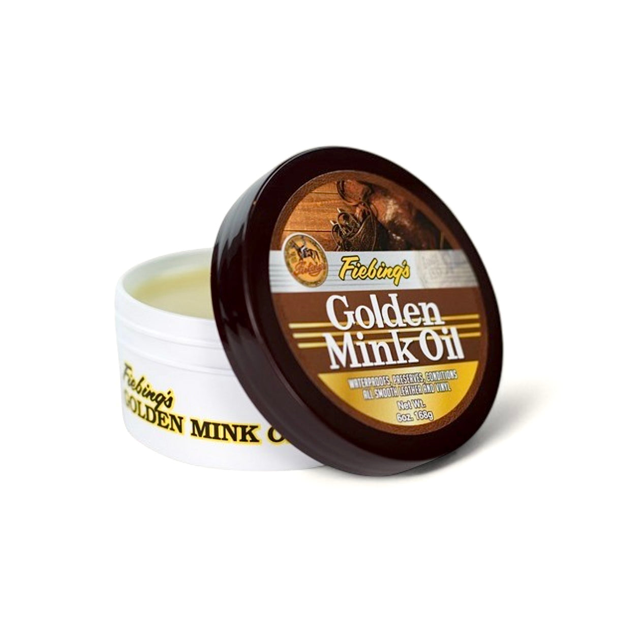 Fiebing's Golden Mink Oil Dose für Lederpflege, geöffnet, auf weißem Hintergrund