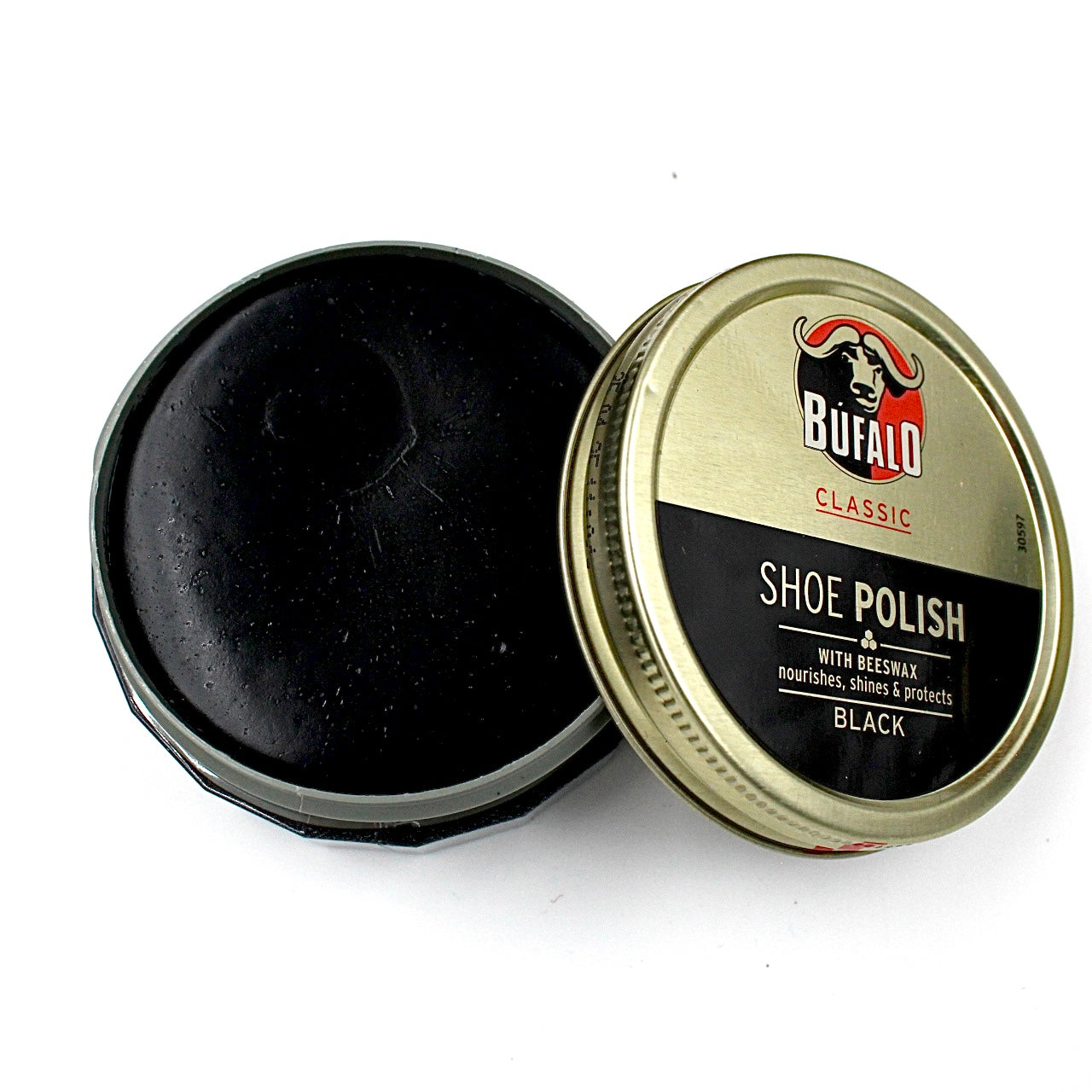 Geöffnete Dose schwarzer Buffalo Classic Schuhcreme mit Bienenwachs für Lederpflege