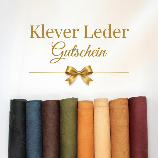 Klever Leder Geschenkgutschein mit edlem Lederhintergrund aus hochwertigen Lederrollen. Premium Geschenkgutschein für echtes Leder und Lederzubehör.