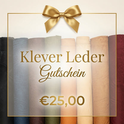 Klever Leder Geschenkgutschein 25 Euro - Premium Gutschein mit Lederrollen-Hintergrund. Eleganter Geschenkgutschein für Lederwaren.