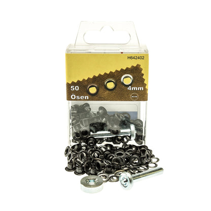 50 schwarze Ösen 4mm für Lederprojekte, inkl. Werkzeug – ideal für Handwerker & Bastler