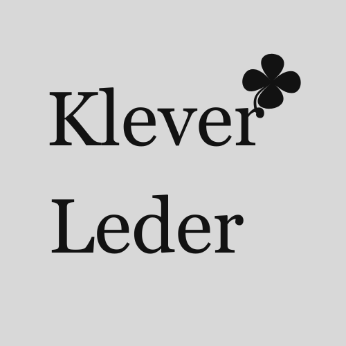 Logo von Klever Leder: Schwarzer Schriftzug 'Klever Leder' mit einem Kleeblatt über dem Buchstaben 'r' auf hellgrauem Hintergrund.